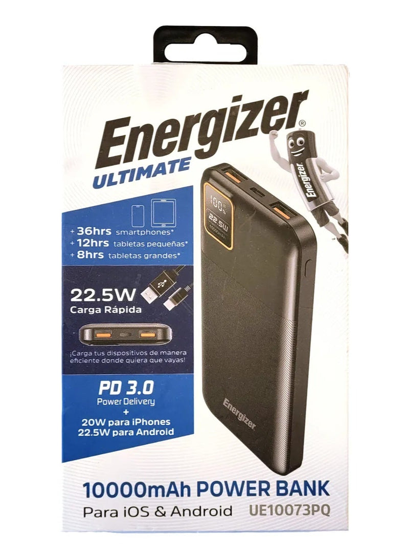 بانك طاقة إنرجايزر الترايمت UE10073P – سعة 10,000mAh، شحن سريع 22.5W، دعم PD 3.0 و Quick Charge، مخرج USB مزدوج، تصميم محمول ومضغوط